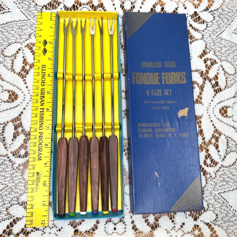 Puralum Vintage Stainless Steel Fondue Forks 6 Piece Set Rosewood Handles 6007